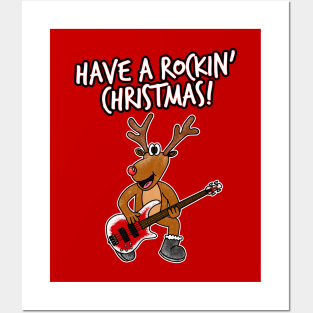 Have A Rockin' Christmas Reindeer Playing Bass Guitar Posters and Art